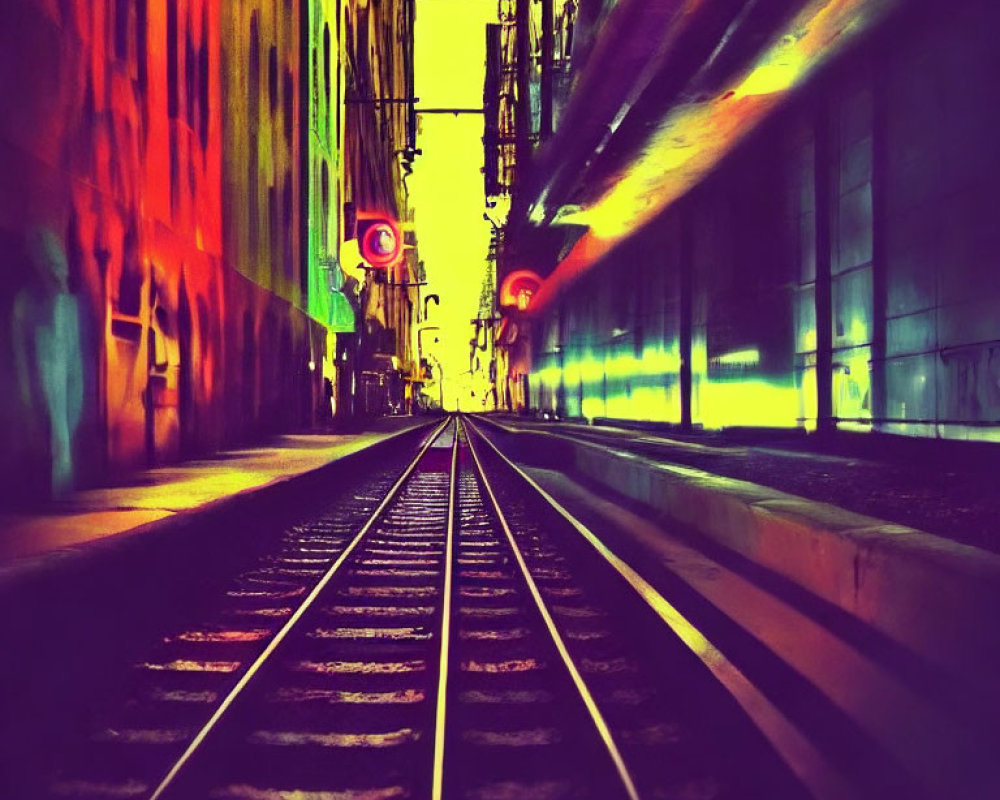 Colorful urban street with railway track and buildings under surreal lighting