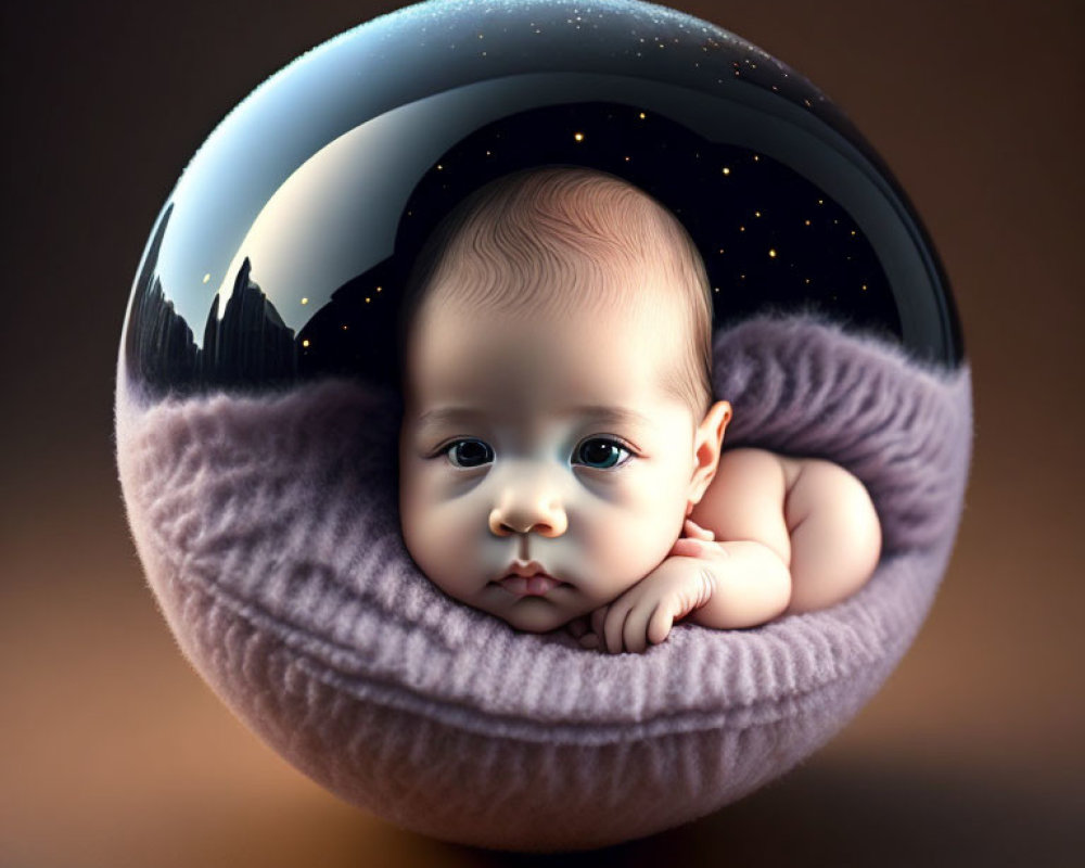 Infant in glass bubble with mountain nightscape reflection