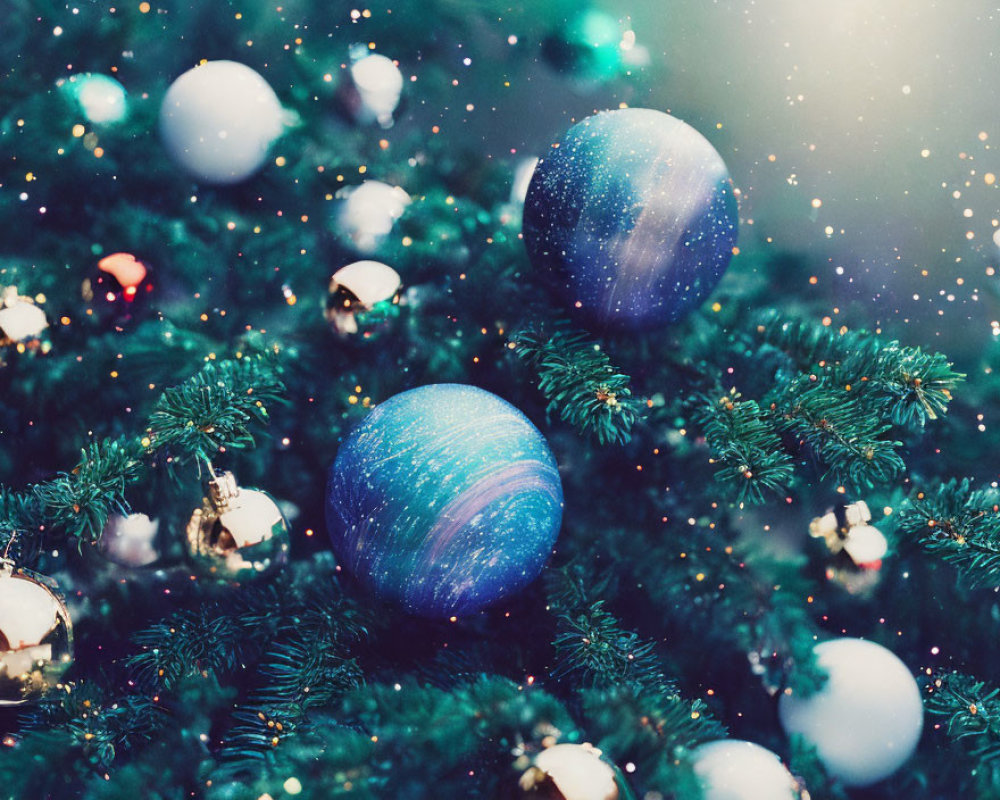 Close-up of Decorated Christmas Tree with Blue and Silver Ornaments