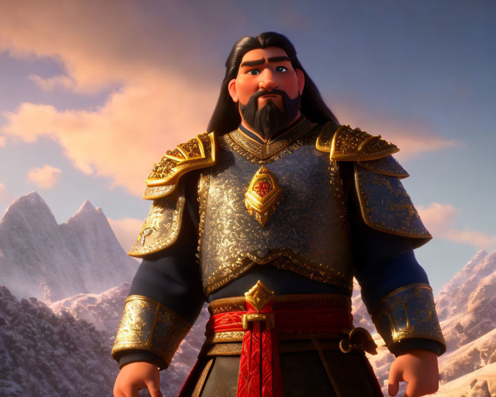 Warrior in Traditional Armor Against Snowy Mountains at Sunset