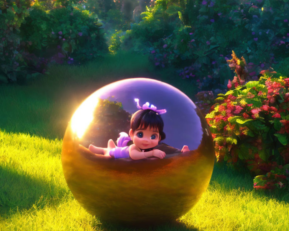 Purple Bow Baby Animated in Clear Bubble in Lush Green Garden