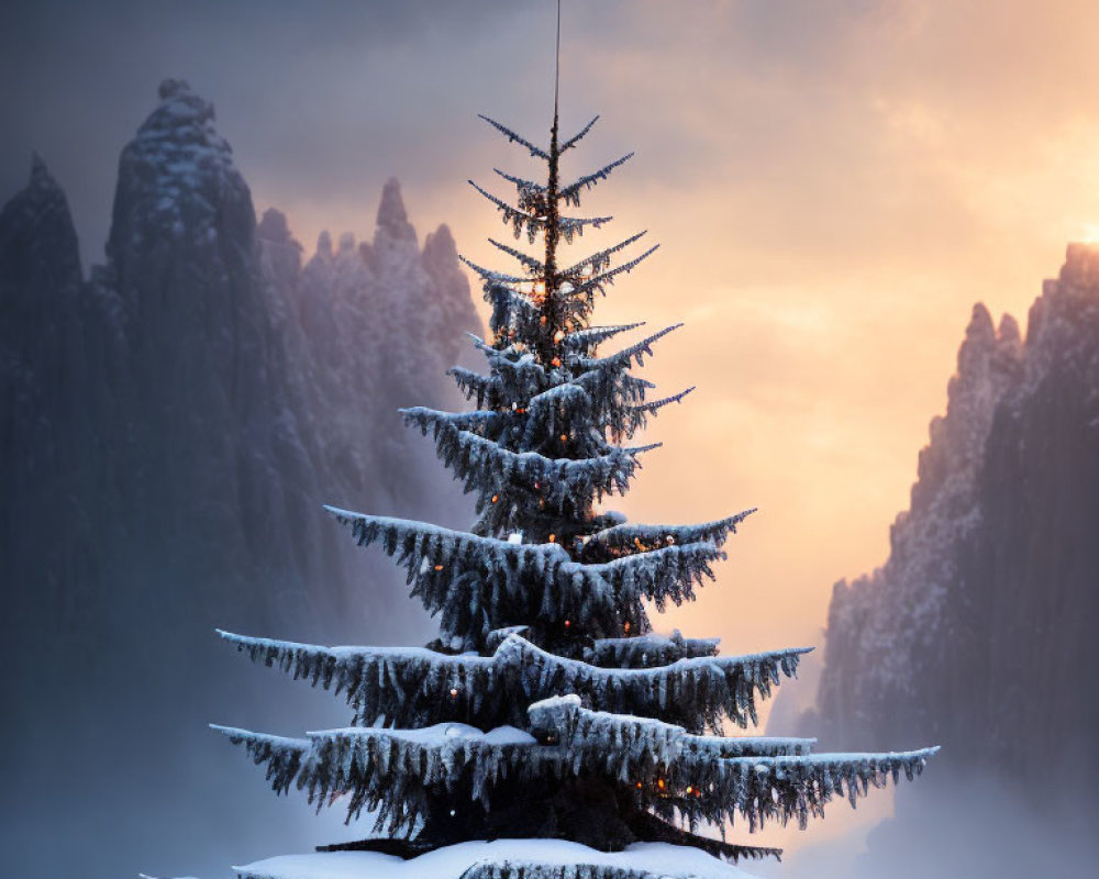 Snow-covered pine tree against misty mountains at sunrise or sunset