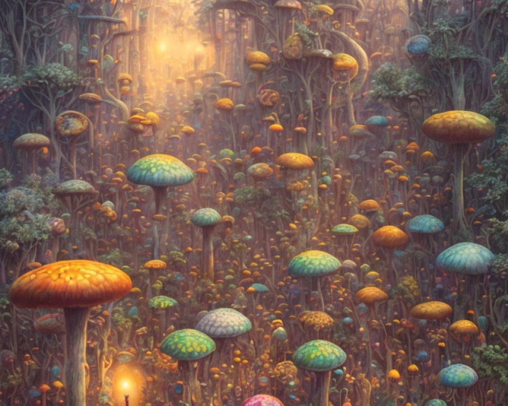 Vibrant oversized mushrooms in mystical forest landscape