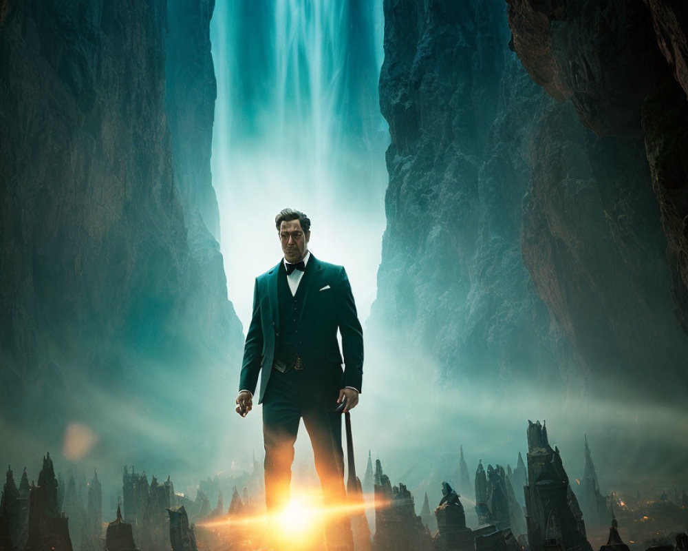 Man in suit standing by towering waterfall in rocky landscape