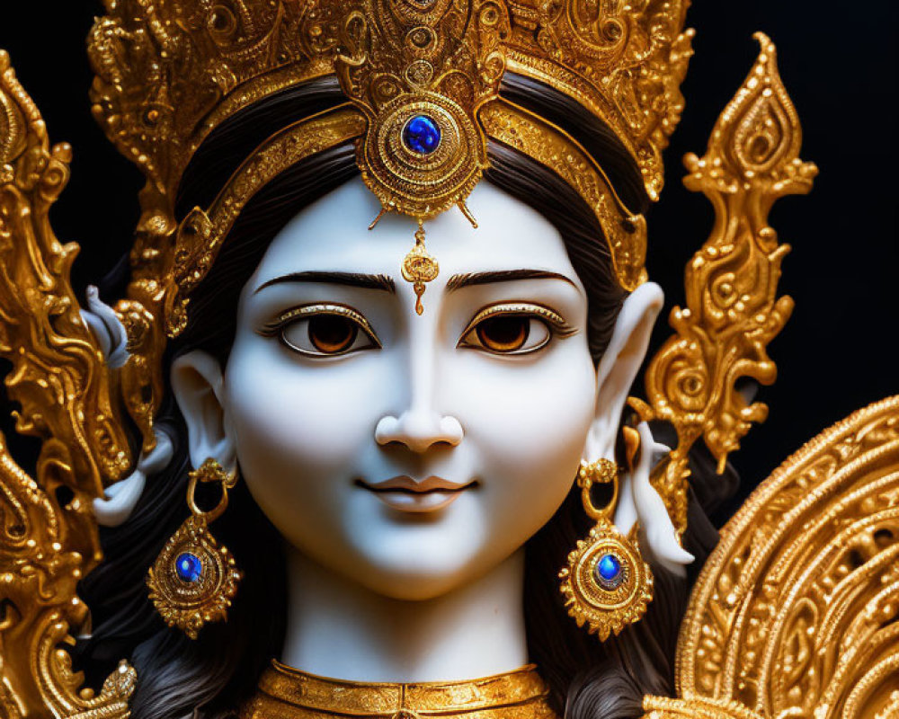 Ornate Hindu goddess statue with golden crown and jewelry on dark background