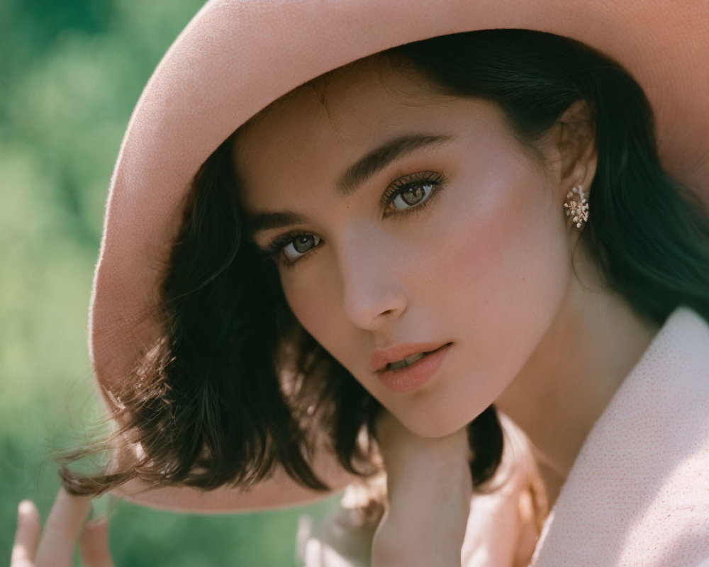 Dark-haired woman in pale pink hat and outfit with striking eyes and elegant earrings on blurred green backdrop