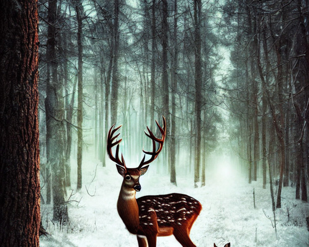 Majestic stag and fawn in misty snowy forest with bare trees