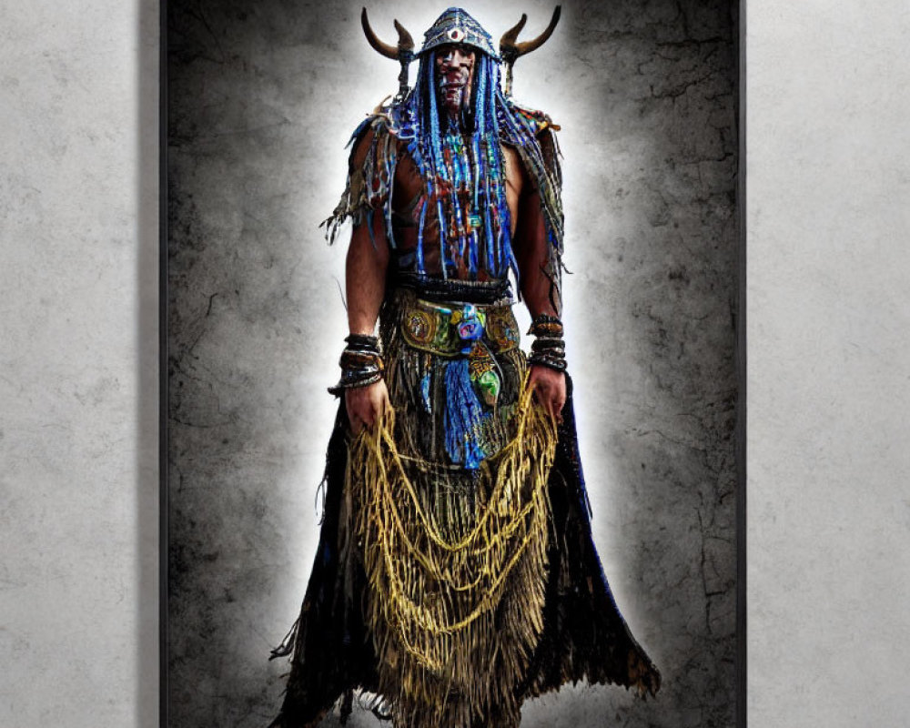 Poster of person in tribal attire with feathered headdress and horned skull helmet.