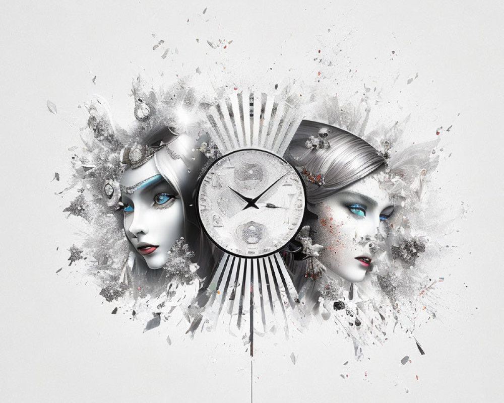 Surreal monochromatic artwork of mirrored female faces with ornate clock and floral details