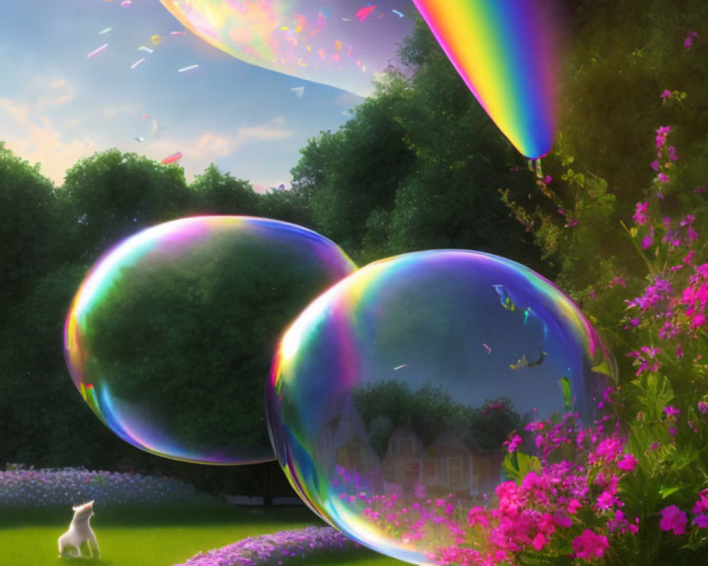 Colorful garden scene with cat, bubbles, and rainbow beam