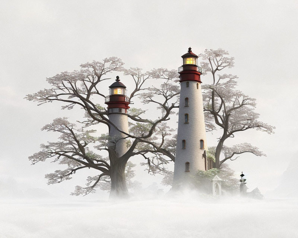 Twin red-topped lighthouses in foggy landscape with trees