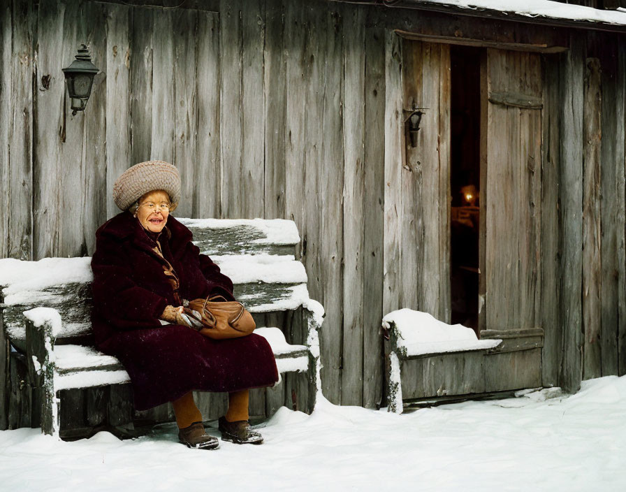 Elderly woman smiling on snow-covered bench by glowing cabin window