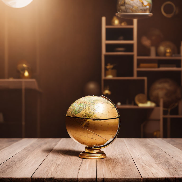 Vintage-style globe on wooden desk with bookshelf and celestial ornaments in blurry background