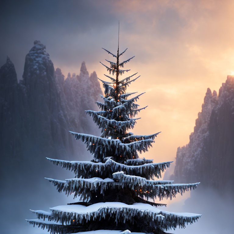 Snow-covered pine tree against misty mountains at sunrise or sunset