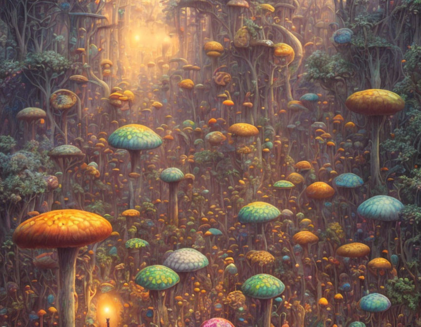 Vibrant oversized mushrooms in mystical forest landscape