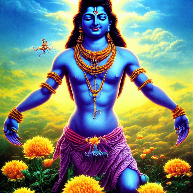 Blue multi-armed figure in ornate attire amidst vibrant flowers and sky, with small leaping figure