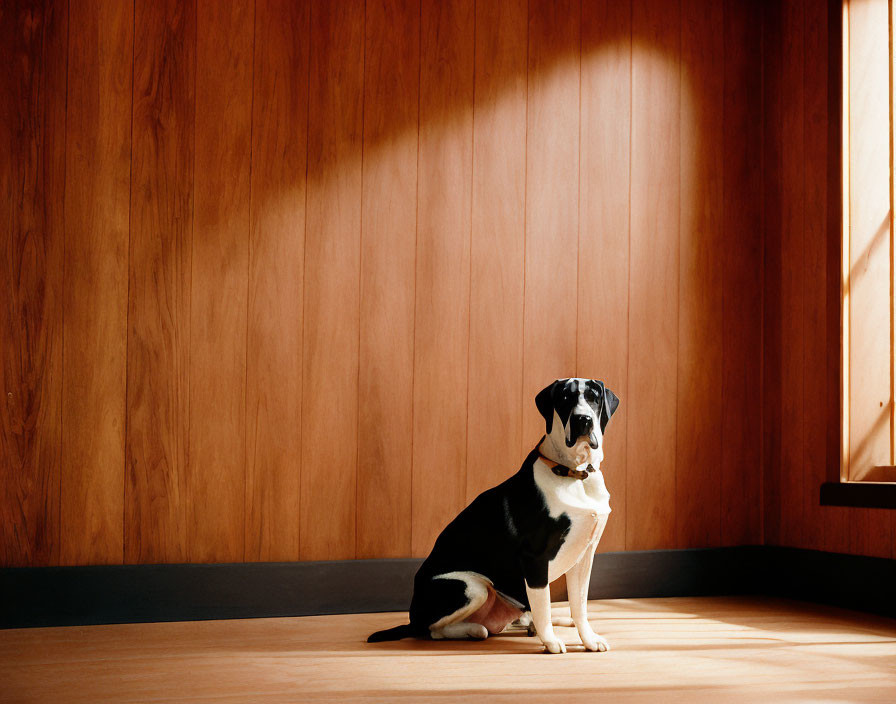 Black and White Dog Sitting on Wooden Floor in Sunlight