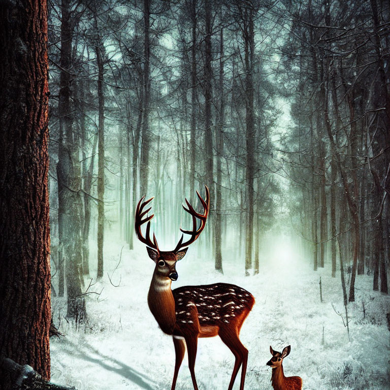 Majestic stag and fawn in misty snowy forest with bare trees