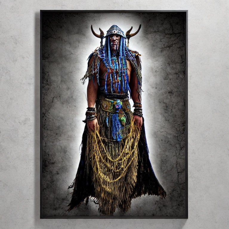 Poster of person in tribal attire with feathered headdress and horned skull helmet.