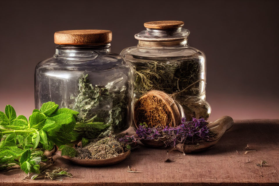 Glass jars with cork lids and dried herbs beside fresh mint on wooden surface