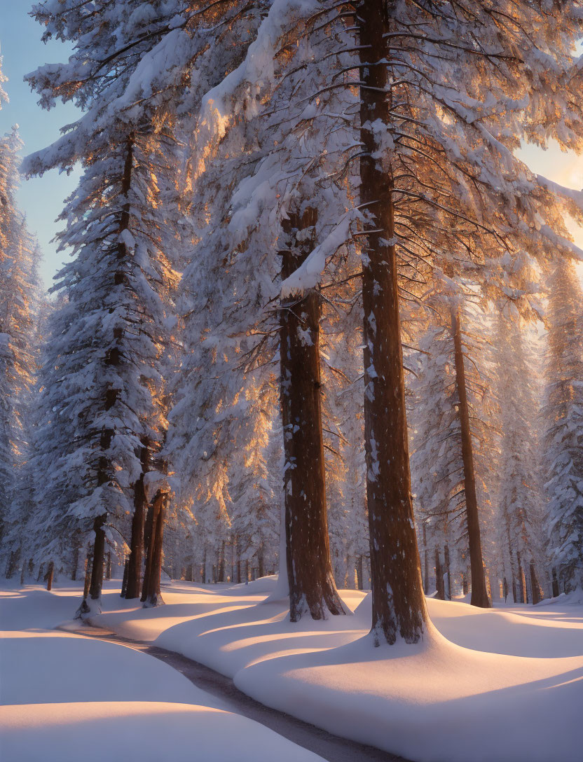 Tranquil forest scene: Snow-covered trees in sunlight