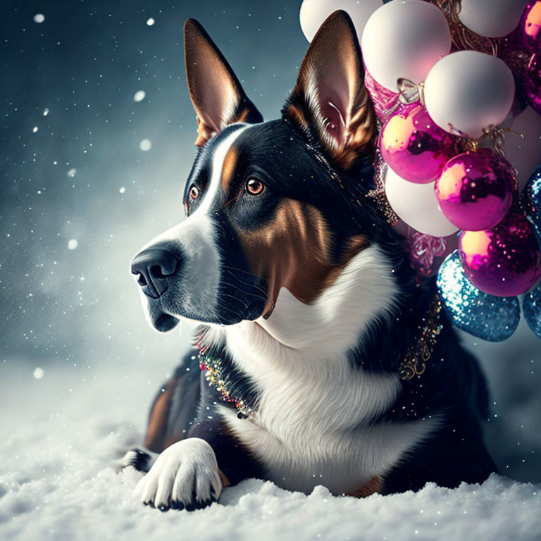 Tricolor dog with festive collar in snow with Christmas ornaments