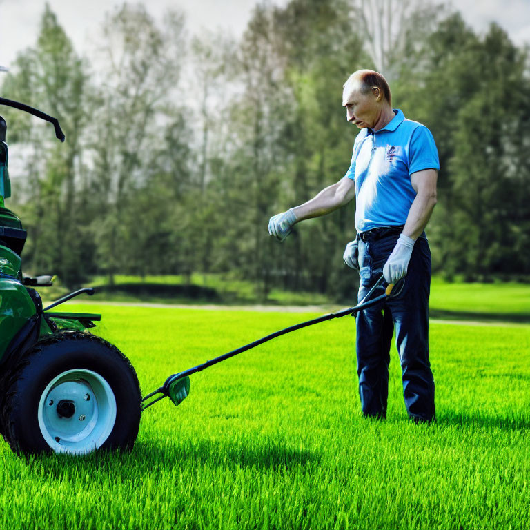 Man in Blue T-shirt Adjusting Lawn Mower on Green Grass