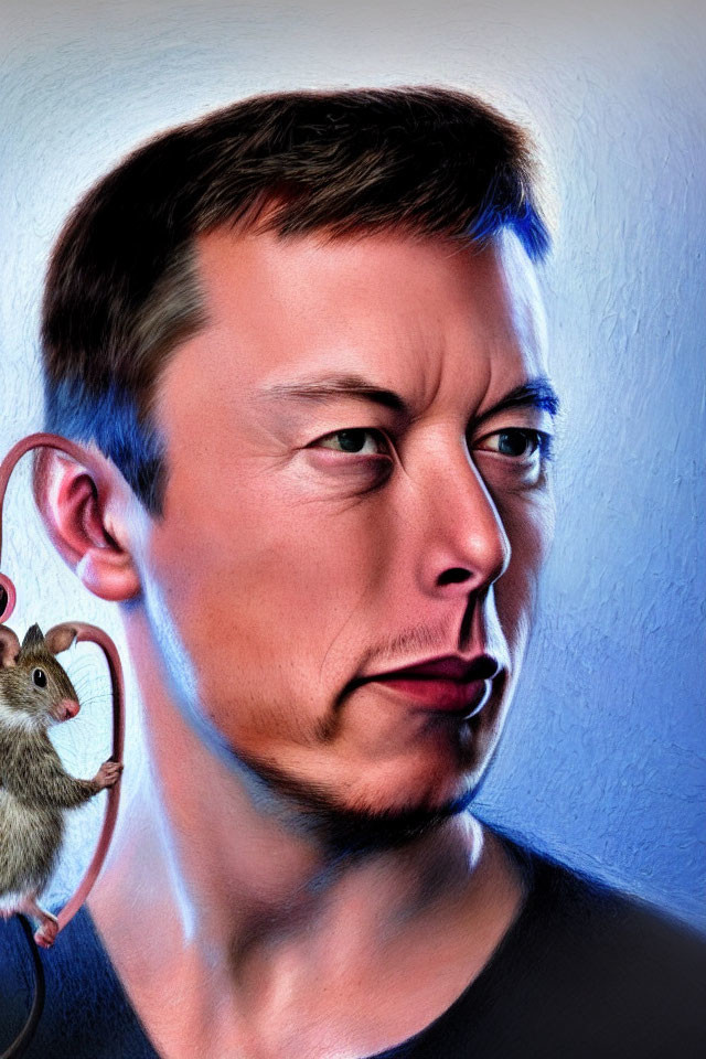 Digitally enhanced portrait featuring a contemplative man and an illustrated mouse.