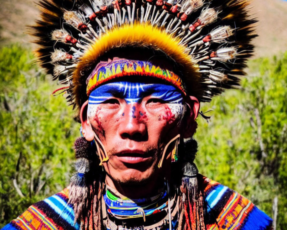 Colorful Tribal Attire with Feathered Headdress and Face Paint Outdoors