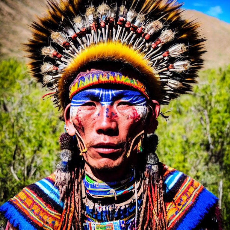 Colorful Tribal Attire with Feathered Headdress and Face Paint Outdoors