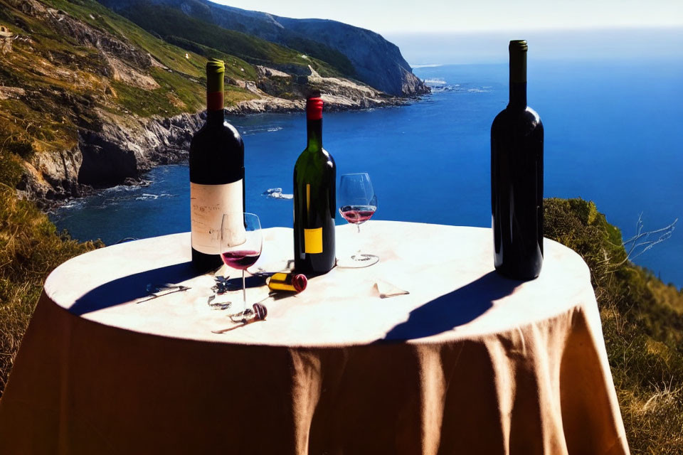 Wine Bottles and Glasses on Table with Coastal Landscape