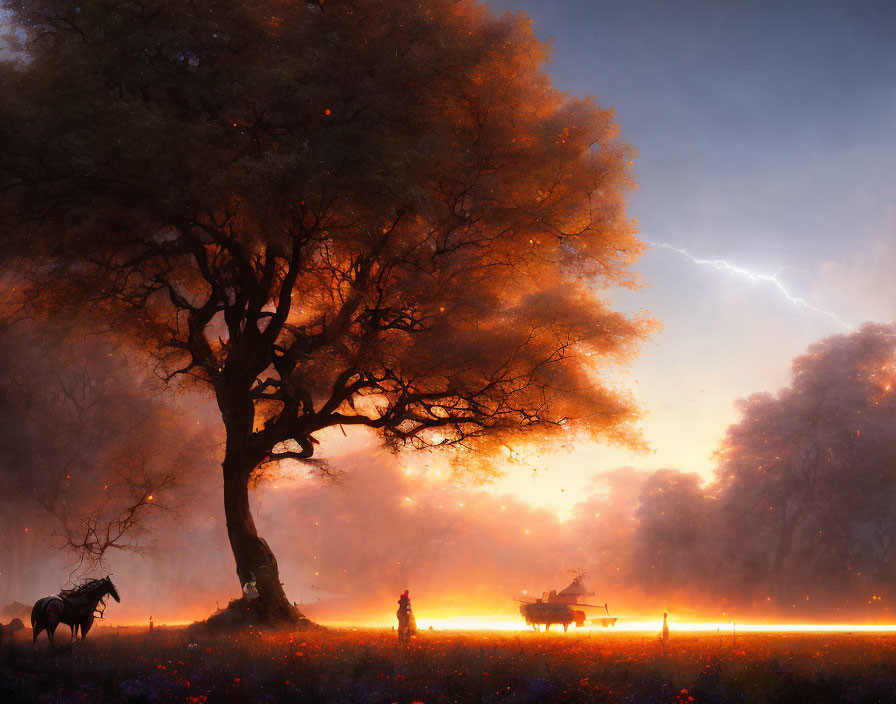 Surreal orange tree, horse, person, and cart in twilight scene