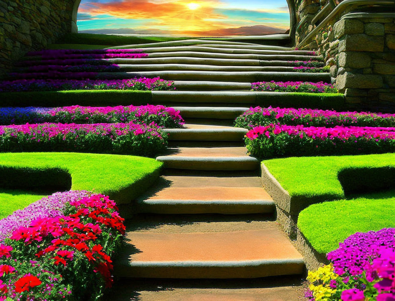 Colorful Flower-lined Garden Path at Sunset