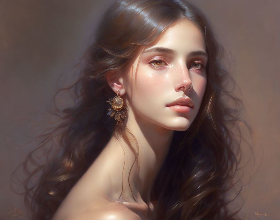 Realistic digital portrait: young woman with wavy hair and golden earring