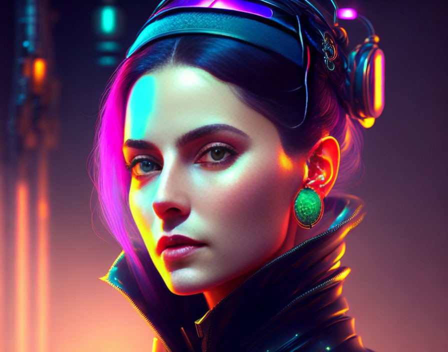 Striking makeup and colorful lighting on woman in futuristic cyberpunk setting