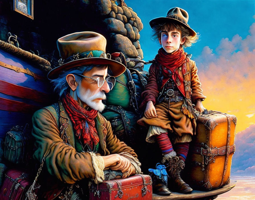 Illustration of Old Man and Young Boy with Suitcases in Vibrant Colors