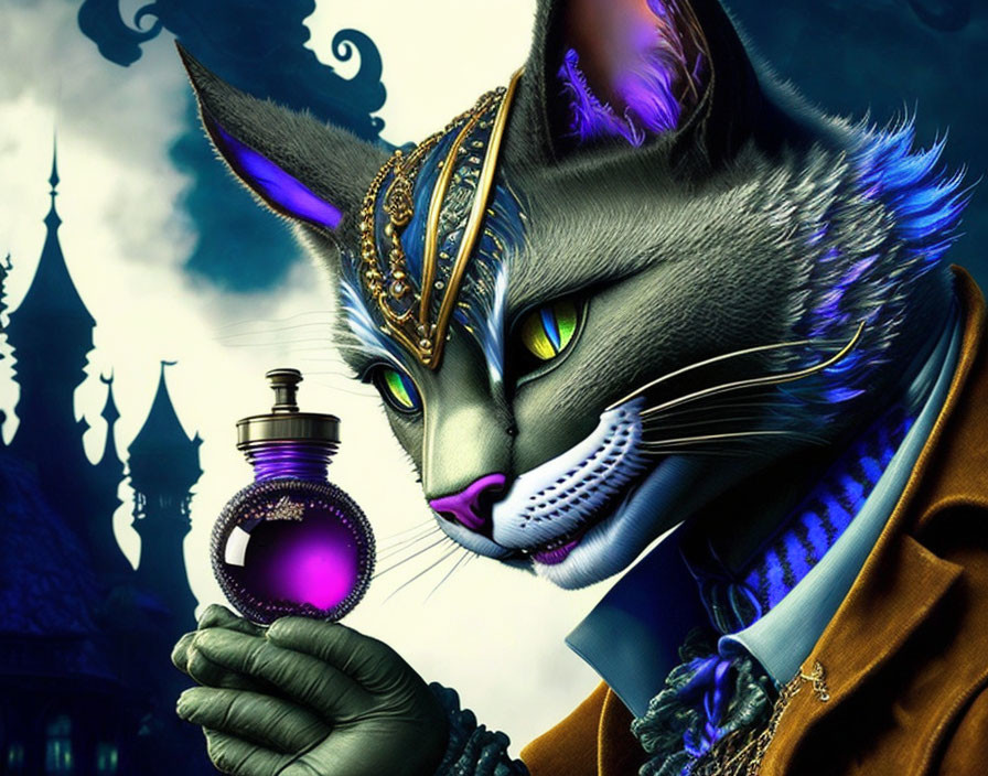 Regal anthropomorphic cat with mystical orb in enchanted night scene