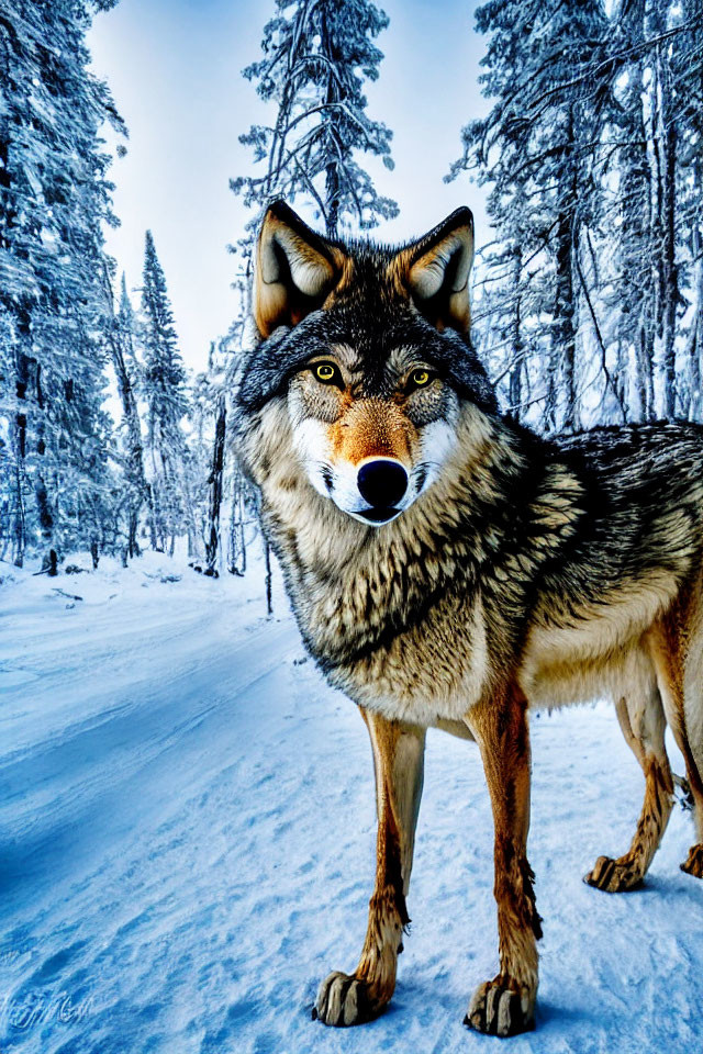 Majestic wolf in snowy forest with piercing eyes and thick fur