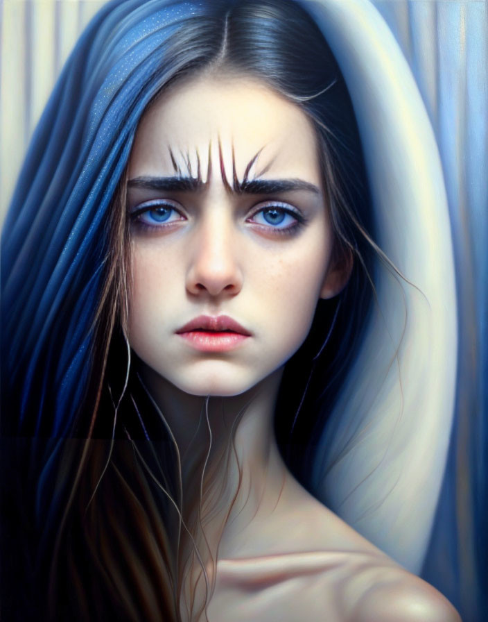 Digital Artwork: Young Woman with Striking Blue Eyes and Bird Feather Eyebrows