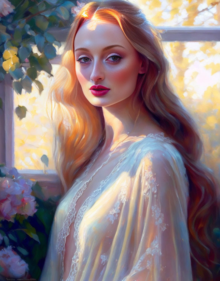 Blonde Woman with Blue Eyes in Sunlit Floral Scene