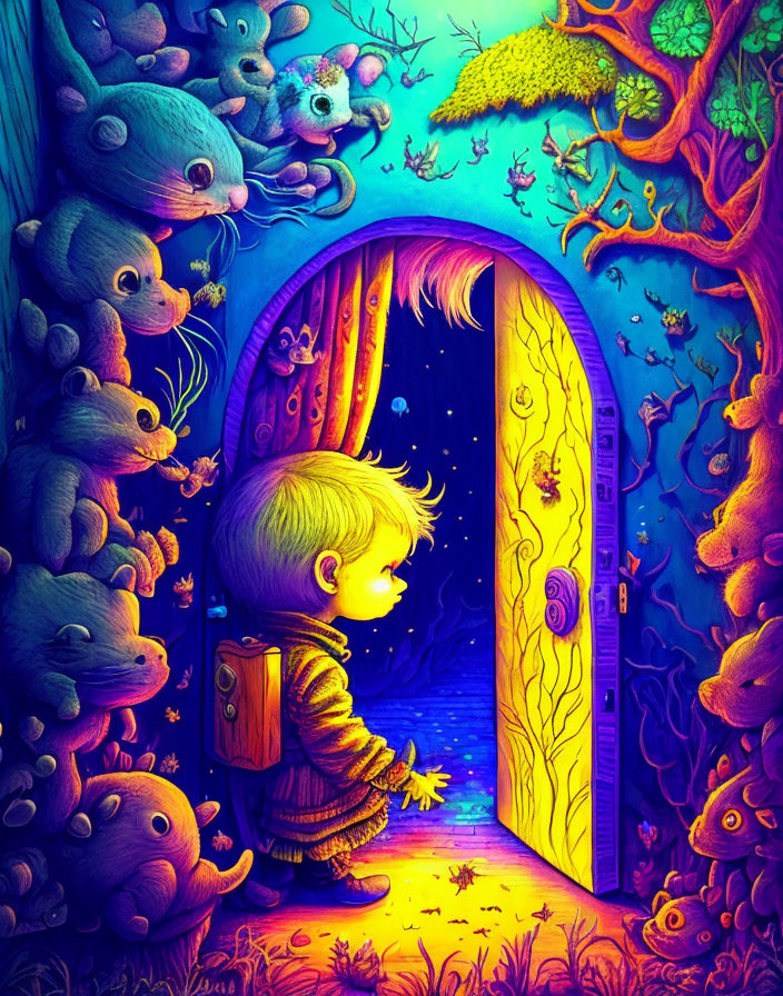 Boy with backpack gazes into glowing doorway in colorful forest