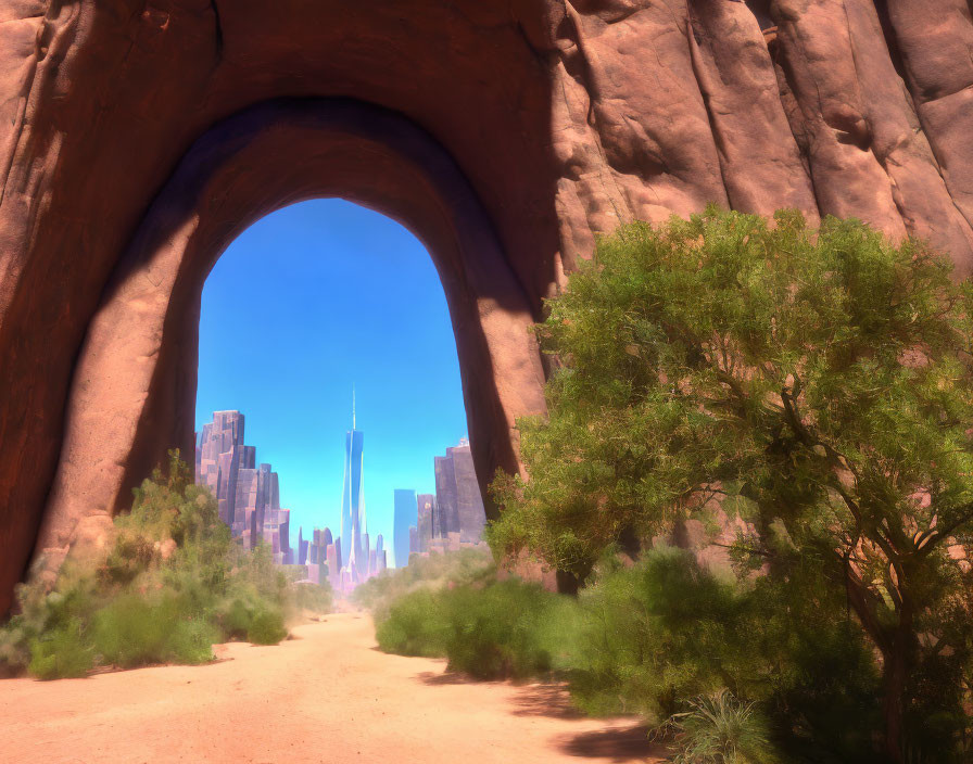 Digital artwork: Nature and urban blend with rocky archway to futuristic city skyline