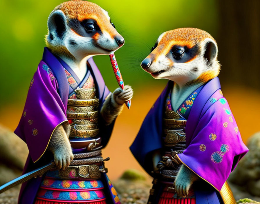 Meerkats in colorful samurai attire in vibrant forest