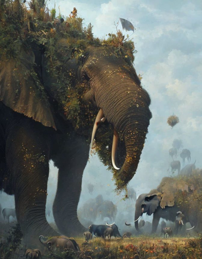 Giant elephants with landscapes on their backs in misty forest scene