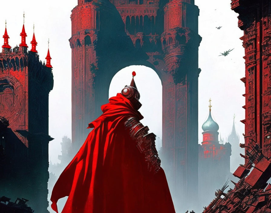 Red Cloaked Figure Observing Futuristic Gothic Cityscape Under Crimson Sky