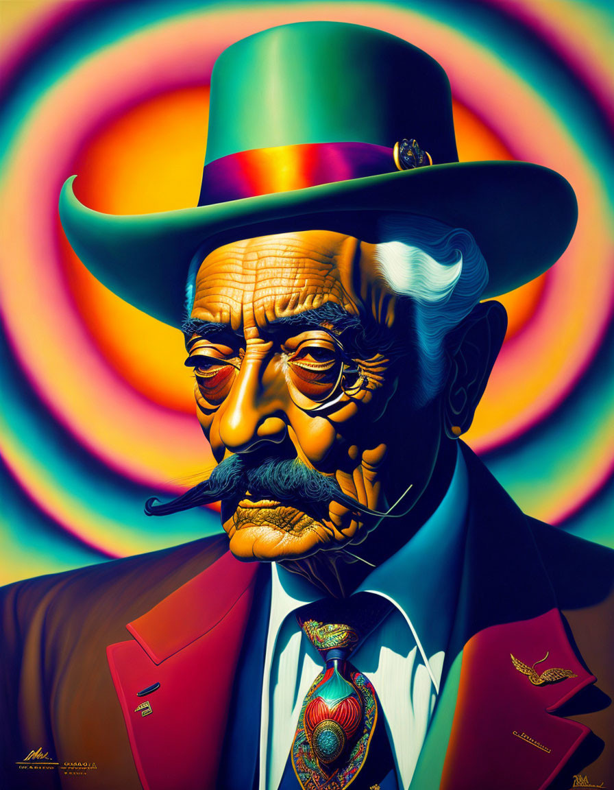 Illustrated portrait of older gentleman with top hat and monocle on colorful background