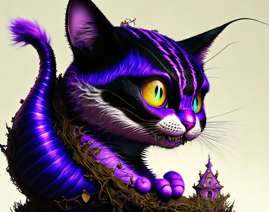 Whimsical purple-striped cat digital artwork with tiny castle