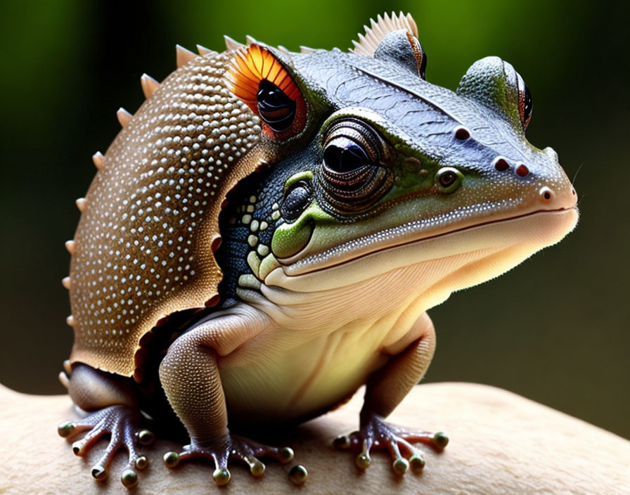 Digitally manipulated image of frog with lizard features on human hand