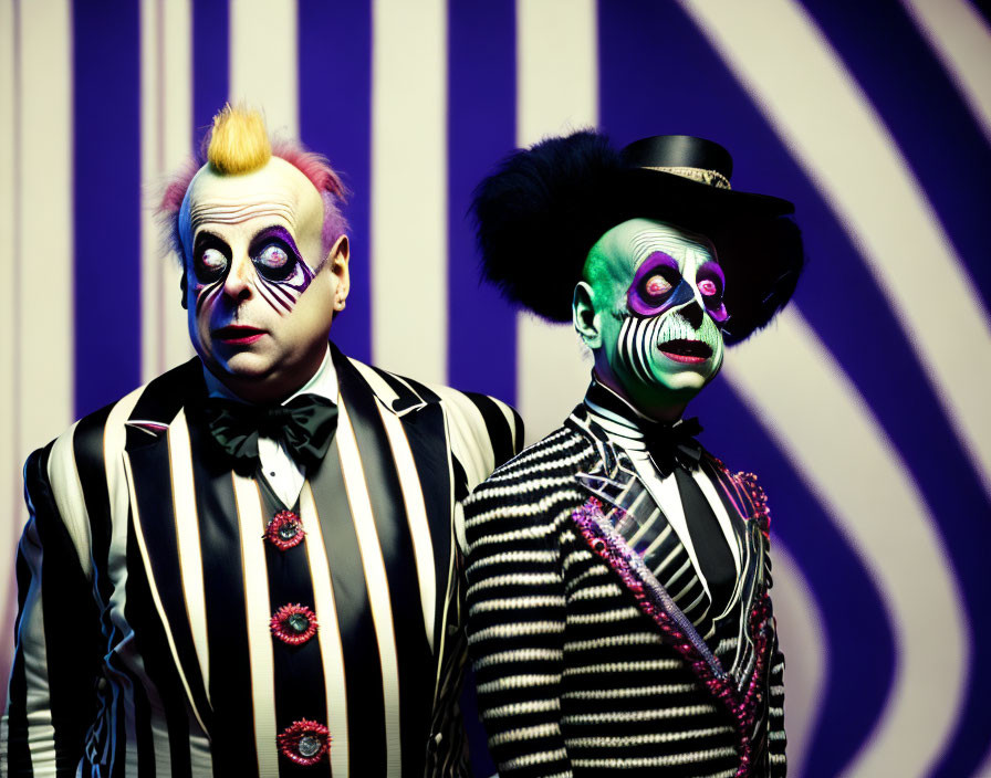 Two individuals in clown makeup and striped suits on purple background