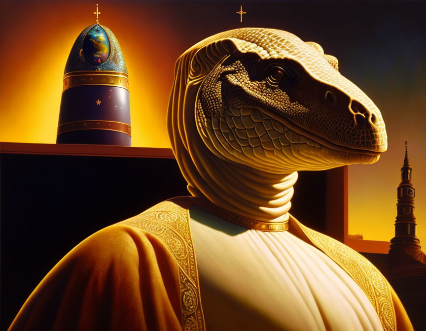 Regal anthropomorphic reptilian in sunset scene with futuristic tower